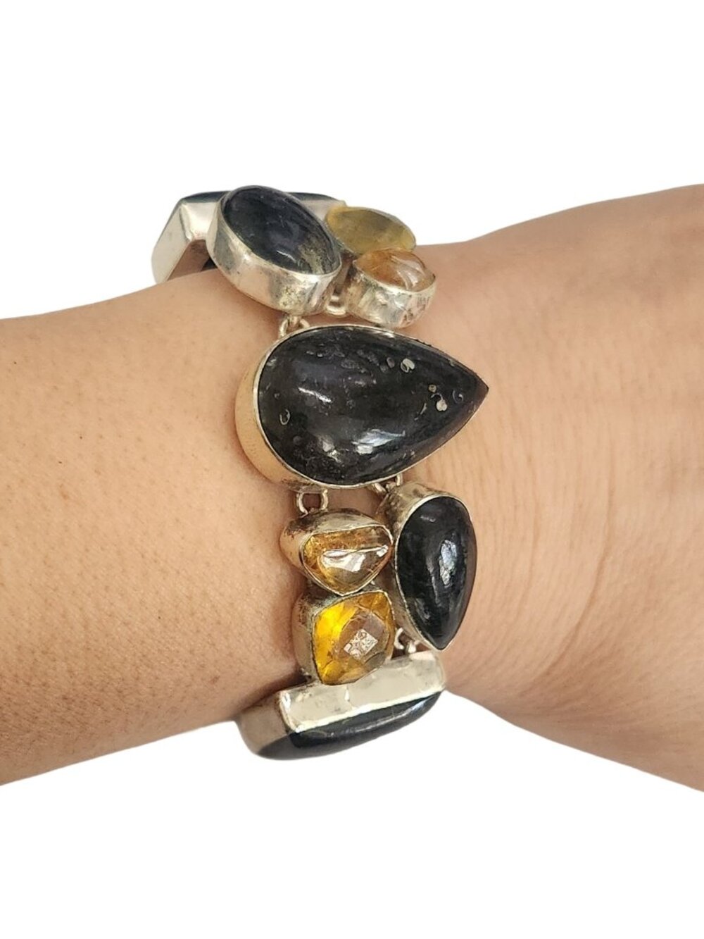 Black & Golden Stone Statement Bracelet 8" | Boho Artisan Toggle Bracelet